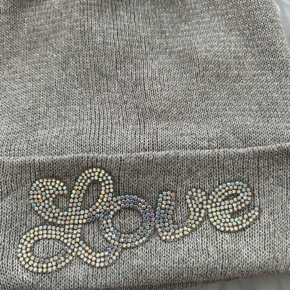 Gray Beanie with Rhinestone Love Design